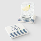 Nautical Boat Name,Anchor Navy Blue Striped Stenen Onderzetter (Zijkant)