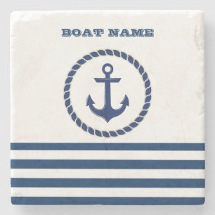 Nautical Boat Name,Anchor Navy Blue Striped Stenen Onderzetter