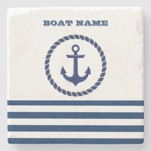 Nautical Boat Name,Anchor Navy Blue Striped Stenen Onderzetter (Voorkant)