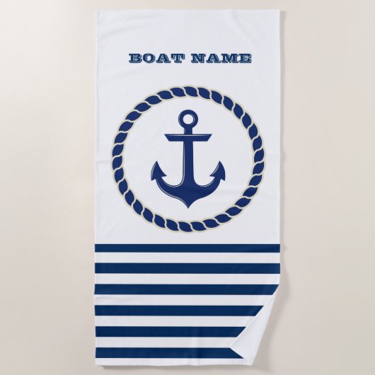 Nautical Boat Name,Anchor Navy Blue Striped Strandlaken (Voorkant)