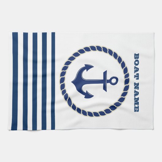 Nautical Boat Name,Anchor Navy Blue Striped Theedoek (Horizontaal)