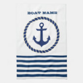 Nautical Boat Name,Anchor Navy Blue Striped Theedoek (Verticaal)