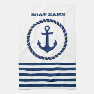 Nautical Boat Name,Anchor Navy Blue Striped Theedoek