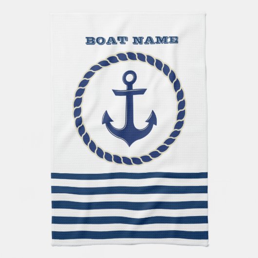 Nautical Boat Name,Anchor Navy Blue Striped Theedoek (Verticaal)