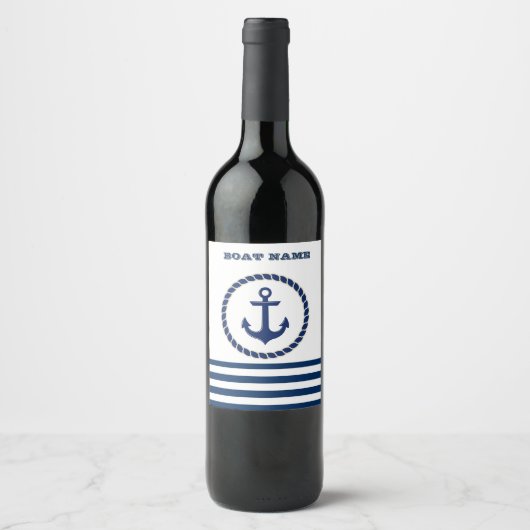 Nautical Boat Name,Anchor Navy Blue Striped Wijn Etiket (Voorkant)