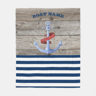 Nautical Boat Name,Anchor Navy Blue Striped Wood Fleece Deken