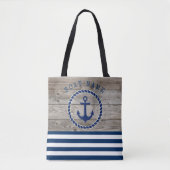Nautical Boat Name,Anchor Navy Blue Striped Wood Tote Bag (Voorkant)