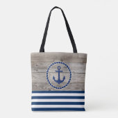 Nautical Boat Name,Anchor Navy Blue Striped Wood Tote Bag (Achterkant)