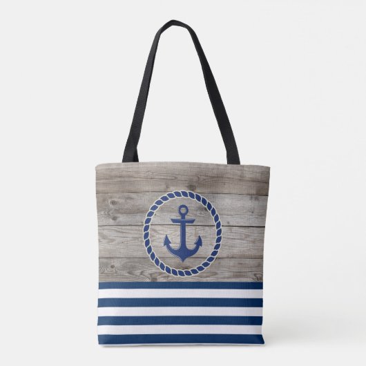 Nautical Boat Name,Anchor Navy Blue Striped Wood Tote Bag (Achterkant)