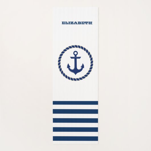 Nautical Boat Name,Anchor Navy Blue Striped Yogamat (Achterkant)