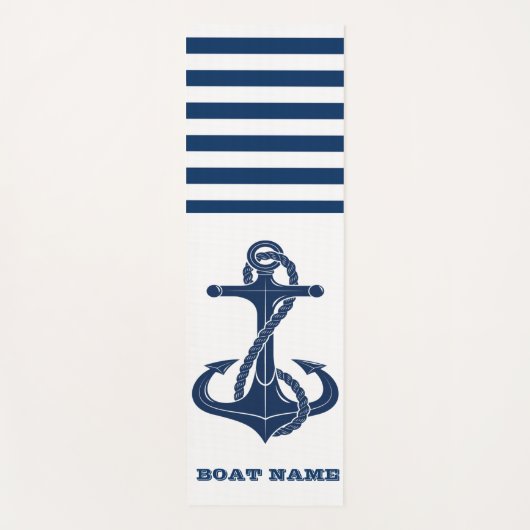 Nautical Boat Name,Anchor Navy Blue Striped Yogamat (Voorkant)