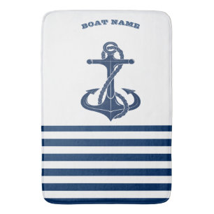 Nautical Boat Name,Anchor Navy Blue Stripes Badmat