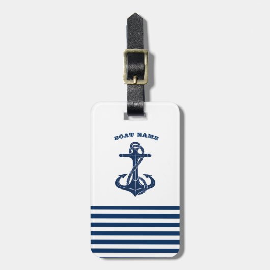 Nautical Boat Name,Anchor Navy Blue Stripes Bagagelabel (Voorkant verticaal)