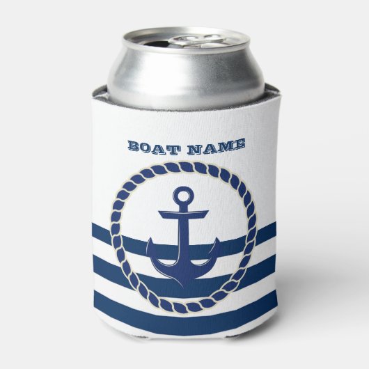 Nautical Boat Name, Anchor Navy Blue Stripes Blikjeskoeler (Blikje Voorkant)