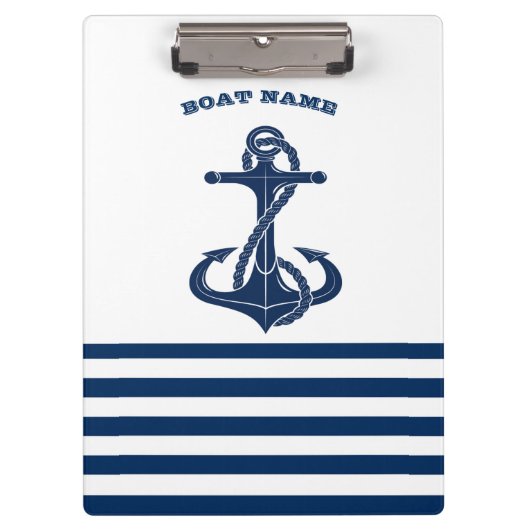Nautical Boat Name,Anchor Navy Blue Stripes Klembord (Voorkant)