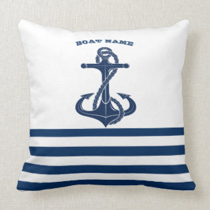 Nautical Boat Name,Anchor Navy Blue Stripes Kussen