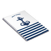Nautical Boat Name,Anchor Navy Blue Stripes Notitieboek (Rechterzijde)