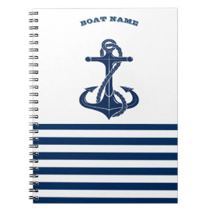 Nautical Boat Name,Anchor Navy Blue Stripes Notitieboek