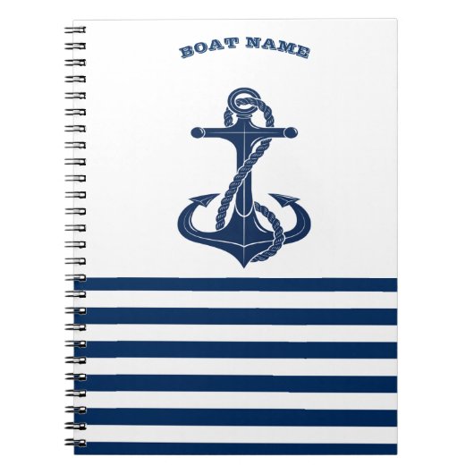 Nautical Boat Name,Anchor Navy Blue Stripes Notitieboek (Voorkant)