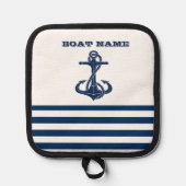 Nautical Boat Name,Anchor Navy Blue Stripes Pannenlap (Voorkant)
