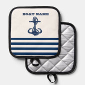 Nautical Boat Name,Anchor Navy Blue Stripes Pannenlap (Voorkant / Achterkant)
