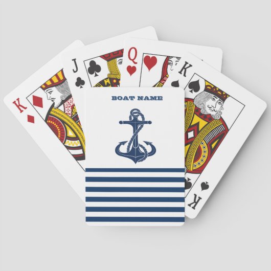 Nautical Boat Name,Anchor Navy Blue Stripes Pokerkaarten (Achterkant)