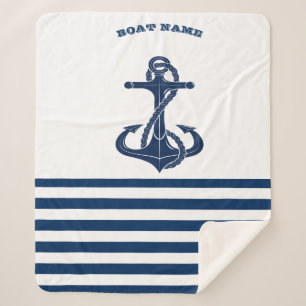 Nautical Boat Name,Anchor Navy Blue Stripes Sherpa Deken