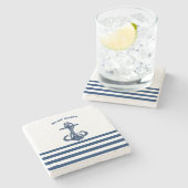 Nautical Boat Name,Anchor Navy Blue Stripes Stenen Onderzetter (Zijkant)