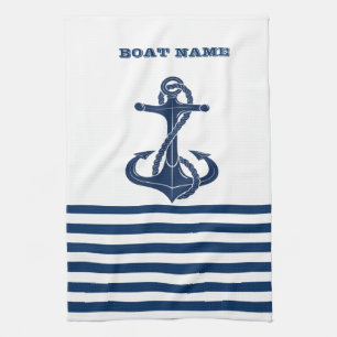 Nautical Boat Name,Anchor Navy Blue Stripes Theedoek
