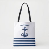 Nautical Boat Name,Anchor Navy Blue Stripes Tote Bag (Voorkant)