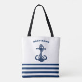 Nautical Boat Name,Anchor Navy Blue Stripes Tote Bag (Achterkant)