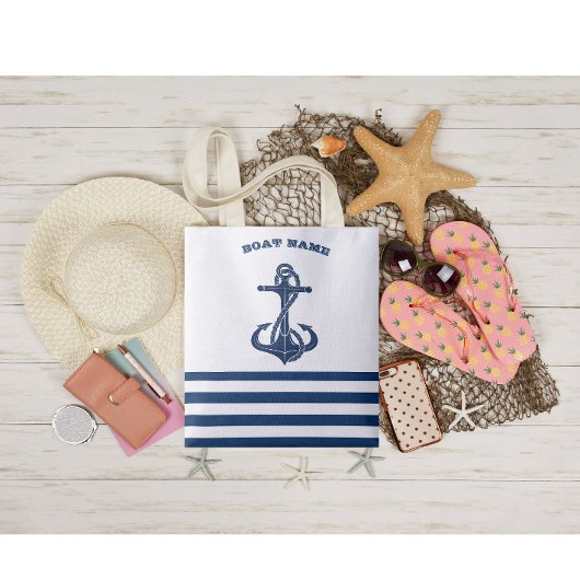 Nautical Boat Name,Anchor Navy Blue Stripes Tote Bag