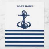 Nautical Boat Name,Anchor Navy Blue Stripes Wijn Etiket (Enkel label)