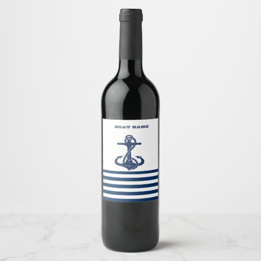Nautical Boat Name,Anchor Navy Blue Stripes Wijn Etiket (Voorkant)