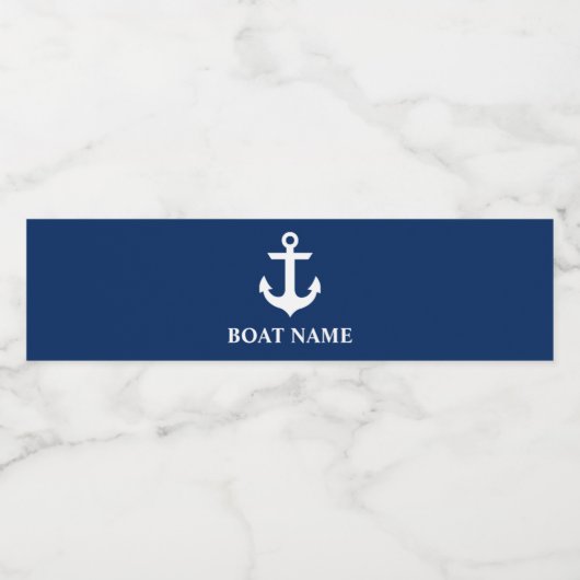 Nautical Boat Name Anchor Navy Blue Waterfles Etiket (Enkel label)