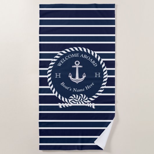Nautical Boat Name Anchor Navy Blue Welkom Strandlaken (Voorkant)
