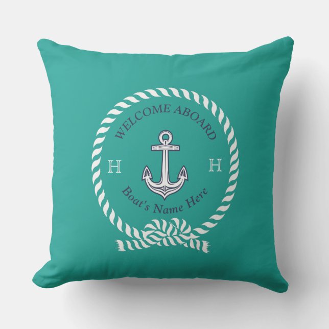 Nautical Boat Name Anchor Rope Blauwgroen Blue Wel Buitenkussen (Voorkant)