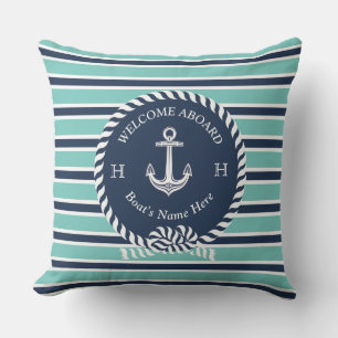 Nautical Boat Name Anchor Rope Blauwgroen Blue Wel Buitenkussen