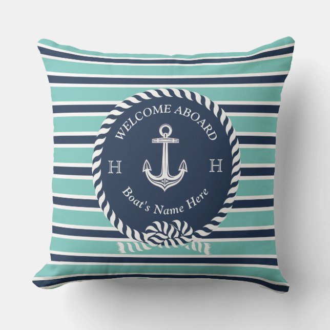 Nautical Boat Name Anchor Rope Blauwgroen Blue Wel Buitenkussen (Voorkant)