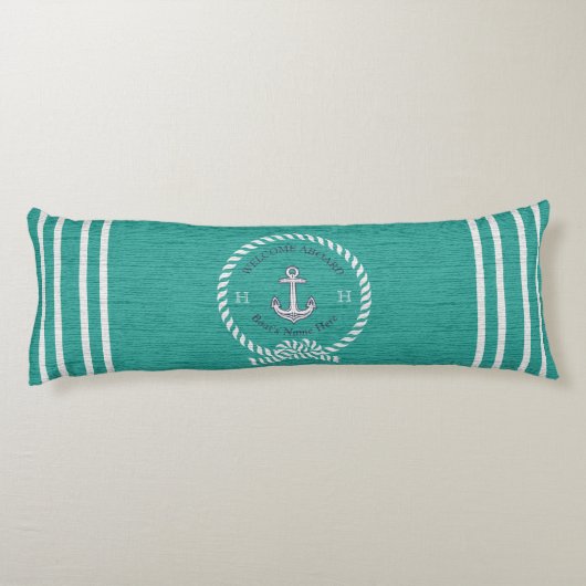 Nautical Boat Name Anchor Rope Blauwgroen Blue Wel Lichaamskussen (Achterkant)