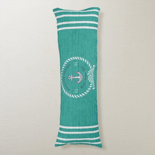 Nautical Boat Name Anchor Rope Blauwgroen Blue Wel Lichaamskussen (Voorkant Verticaal)