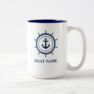 Nautical boat Name Anchor Rope Helm Blue Tweekleurige Koffiemok