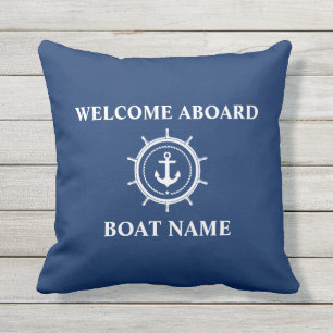 Nautical boat Name Anchor Rope Helm Welkom Blauw Buitenkussen