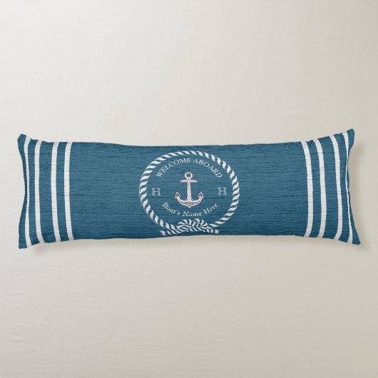 Nautical Boat Name Anchor Rope l Blue Welkom Lichaamskussen (Achterkant)