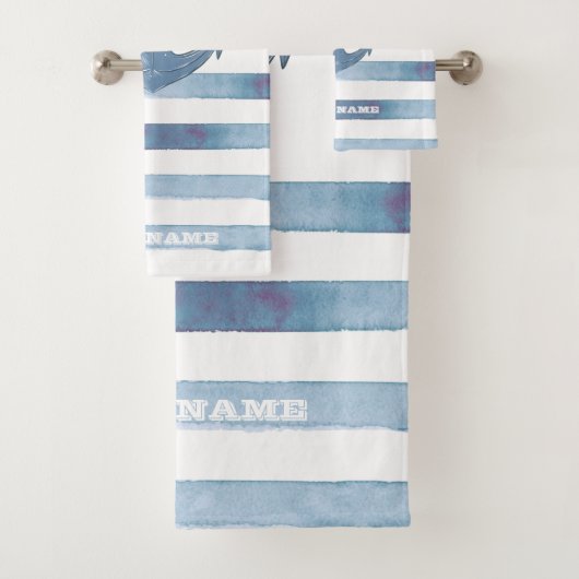Nautical Boat Name,Anchor,Rope,Light Blue Stripes Bad Handdoek (Insitu)
