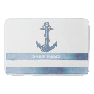 Nautical Boat Name,Anchor,Rope,Light Blue Stripes Badmat