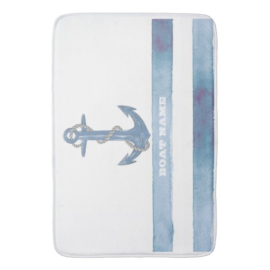 Nautical Boat Name,Anchor,Rope,Light Blue Stripes Badmat (Voorkant Verticaal)