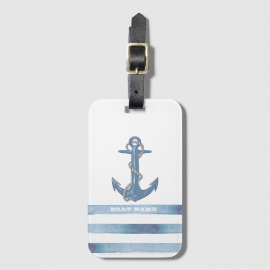 Nautical Boat Name,Anchor,Rope,Light Blue Stripes Bagagelabel (Voorkant (verticaal))