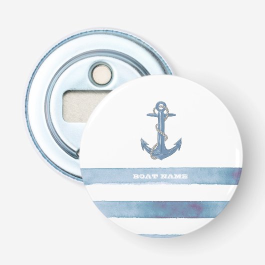 Nautical Boat Name,Anchor,Rope,Light Blue Stripes Button Flesopener (Voorkant)