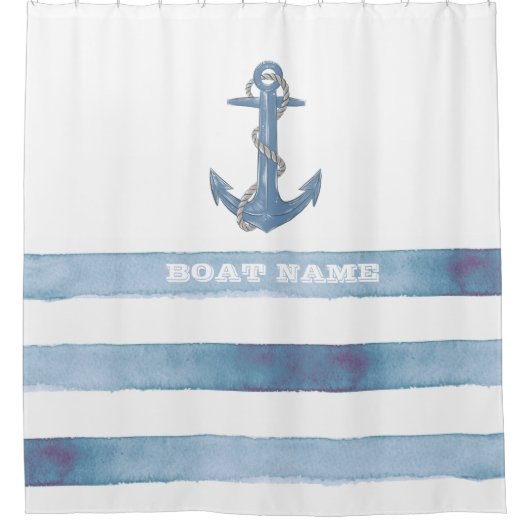 Nautical Boat Name,Anchor,Rope,Light Blue Stripes Douchegordijn (Voorkant)